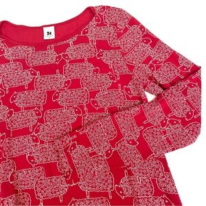 Vintage 90s Nanso Red Sheep Print Long Sleeve Midi Dress Size Small